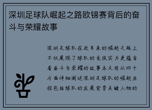 深圳足球队崛起之路欧锦赛背后的奋斗与荣耀故事