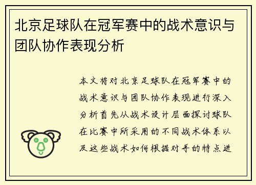 北京足球队在冠军赛中的战术意识与团队协作表现分析